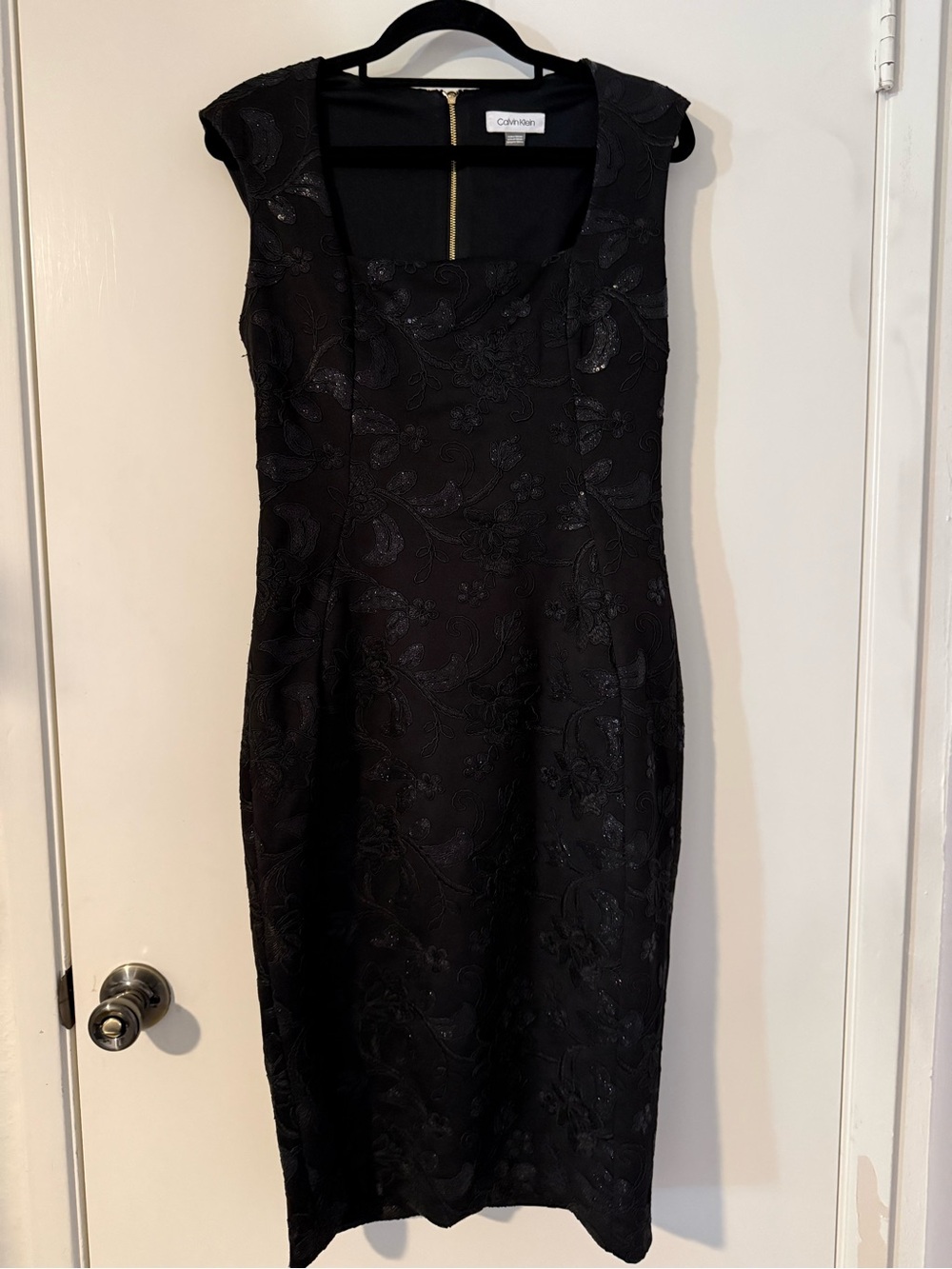Calvin Klein Black Floral Jacquard Midi Sheath Dress with Square Neck
